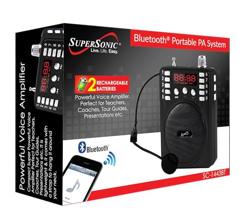 Supersonic SC-1443BT Lightweight Bluetooth Portable PA System Voice Amplifier Built-in BT Receiver, LED Display, FM, USB/SD/AUX Input Karaoke Jack, Mic, Recording & Repeat (SC-1443BT Black)