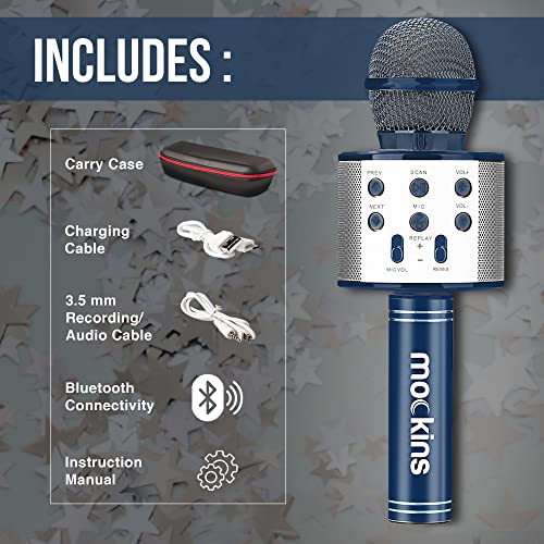 Mockins Navy Bluetooth Karaoke Microphone for Kids with Built in Bluetooth Speaker| Wireless Microphone Karaoke Compatible with iOS & Android| All-in-One Mic - color: Navy