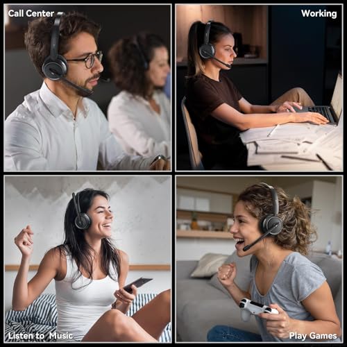 Wireless Headset with Mic for Work, Bluetooth Headset with Microphone AI Noise Cancelling & Mute Button, Wireless Headphones with Mic for Work/Home/Office/Call Center/PC/Laptop/Computer/Teams/Zoom