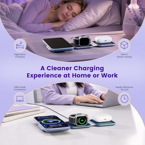 15W Magnetic Travel Charging Station, 3-in-1 Foldable MagSafe Charger | Wireless Charger for Apple Multiple Devices - iPhone Air 17 16 15 14 13 20 Pro Max, Watch & AirPods - Navy Blue - color: Navy Blue