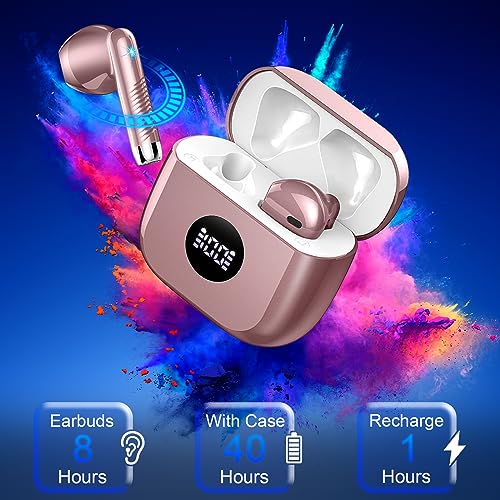 Wireless Earbuds, Bluetooth 5.4 Ear Buds, LED Power Display, 6D Bass Stereo | 4 ENC Noise Cancelling Mic, HiFi Stereo, In-Ear Headphones, 40H Playback Mini Case, IP7 Waterproof Sports, for Android iOS - color: Rose Gold