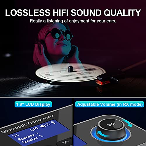 Bluetooth 5.3 Transmitter Receiver for 2 Headphones 3-in-1 Audio Adapter with Bypass Low Latency LCD Display ON/OFF Switch Volume Control Optical AUX RCA for Headphone Speaker TV Home Stereo - color: Single Antenna-GREY