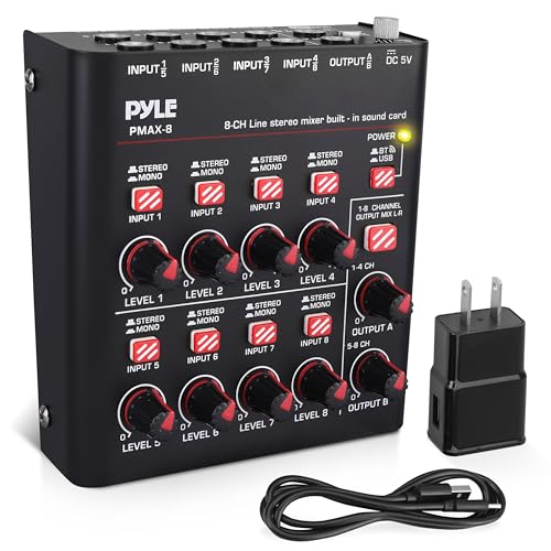 Pyle 8-Channel Bluetooth Mini Line Mixer with USB Audio Interface - 8 Mono/Stereo Switching Inputs | Ultra-low Noise Design with High Headroom | Built-in USB-C Sound Card - PMAX8 - size: 8 Channel