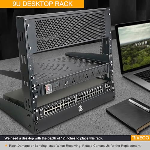RIVECO 8u Tabletop Rack for Audio & Network, Desktop Rack Shelf Tappered Holes Open Frame Sound Recording Shelf Free Standing 2 Post Black - size: 8u