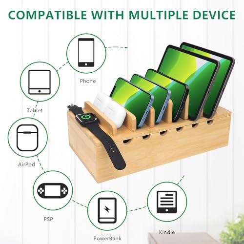 Bamboo Charging Station Organizer, Multi-Device Charging Dock with Cable Management, Phone Tablet Stand for Home Office, 5-Port USB Charger & 6 Cables Included