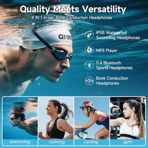 Waterproof Earbuds for Swimming, Bone Conduction Headphones IPX8 Swimming Headphones 8GB Memory Bluetooth 5.4 Wireless 8H Playtime in Ear Underwater Sport Earphones for Swimming, Running (Black)