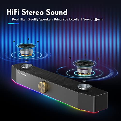 THOMSON Computer Speakers, Bluetooth Computer SoundBar, Dynamic RGB PC Speakers with 10W Stereo Sound, 3.5mm Aux-in Connection, USB Powered Computer Speakers for PC, Desktop Monitor, Laptop, Tablets