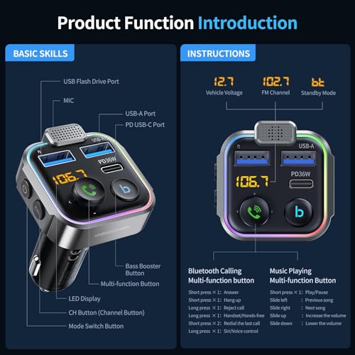 UNBREAKcable Bluetooth FM Transmitter for Car, PD 38W Fast Charging, Wireless Bluetooth FM Radio Adapter, Car Kit with Hands-Free Calls, HiFi Bass Boost MP3 Music Player Support USB Drive - color: Grey