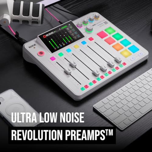 Rode RODECaster Pro 2 White Bundle with 4x PodMic Dynamic Mics, 4 PSA1+ White Boom Arms, 4 Cans50 Headphones, XLR Cables — 9-Channel APHEX Console for Podcasting, Streaming