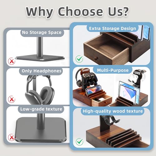 Gamer Controller Holder Headphone Stand with Storage Drawer for Gaming Equipment,Wood Gamer Gifts for Teenage Boy,Headpset Stand Gaming Desk Accessories for Fathers Day Men,Son,Husband