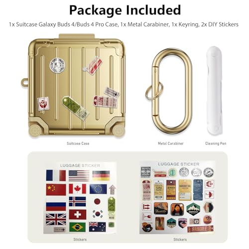 KOREDA Compatible with Samsung Galaxy Buds 4 Case/Buds 4 Pro Case Cover, Cute Funny Suitcase Design Case for Galaxy Buds 4 Pro, Fashion Protective Hard Case for Women Men with Keychain - color: Champaign Gold