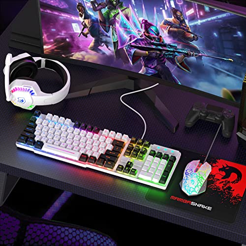 Wired Rainbow LED Backlit Keyboard and Mouse, Over Ear Headphone with Mic, Gaming Mice and Pad, for PC, Xbox and PS4 (White/Black) - color: White/Black
