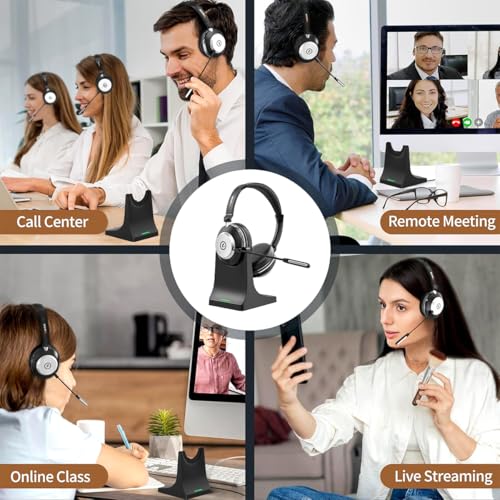 Wireless Headset with Mic for Work, Bluetooth Headset with Microphone (Noise Cancelling & Mute Button), Wireless Headphones with Mic for Work from Home/Office/PC/Call Center/Computer/Laptop/Teams/Zoom