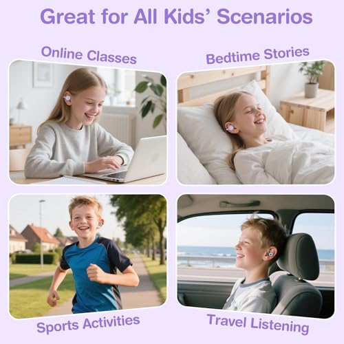 QearFun Kids Cat Open Ear Earbuds with Rotatable Case, 85dB Safe Volume | Kid Clip On Earbuds with Mic, Wireless Bluetooth Headphones, 30+H Playtime, Waterpoof, Anti-Lost Lanyard, Travel School Gift - color: Purple Earbuds