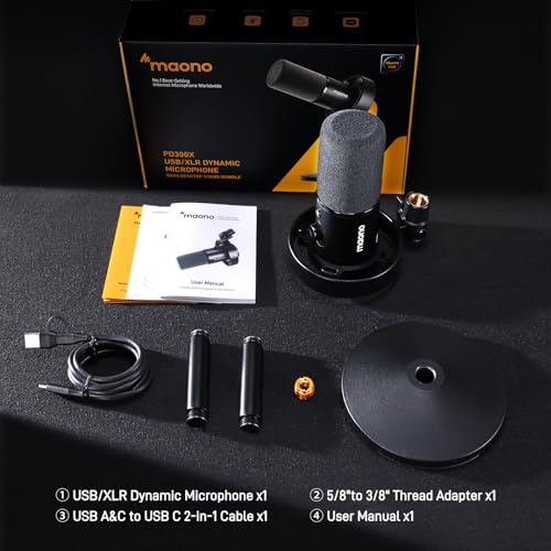 MAONO Dynamic Microphone-XLR USB Podcast Recording Mic with 192kHz/24bit | for Vocal Recording, Content Creation, Home Studio, Voiceover, with Noise Reduction, Mic Gain, Monitoring, Mute, PD300XT