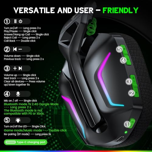 WESEARY Wireless Gaming Headset for Xbox Series X|S, 80H Ultra-Low Latency | 50mm Driver, 3D Sound, Dynamic Light & Noise Cancelling Mic, Work with PC, Ps5, Switch, 2.4GHz & Bluetooth, Game & Music Mode - color: Raven Black