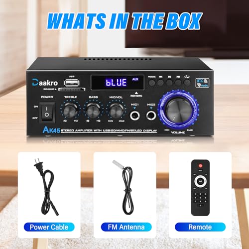 Daakro AK45 Stereo Audio Amplifier,300W Home 2 Channel Wireless Bluetooth 5.0 Power Amplifier System, Home Amplifiers FM Radio, USB, SD Card, with Remote Control Home Theater Audio Stereo System | 2 Channel Power Amplifier System, Home Amplifiers FM Radio