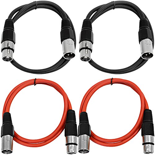 Seismic Audio - SAXLX-2-4 Pack of 2' XLR Male to XLR Female Patch Cables - Balanced - 2 Foot Patch Cord - Black and Red - color: Black and Red