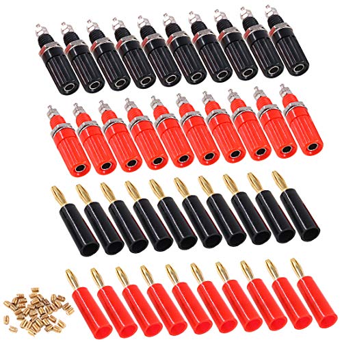 Glarks 40pcs Black and Red 4mm Banana Speaker Wire Cable Screw Plugs with Amplifier Terminal Connector Binding Post Banana Plug Jack Socket Panel/Chassis Mount Connectors Set, Each for 10Pcs