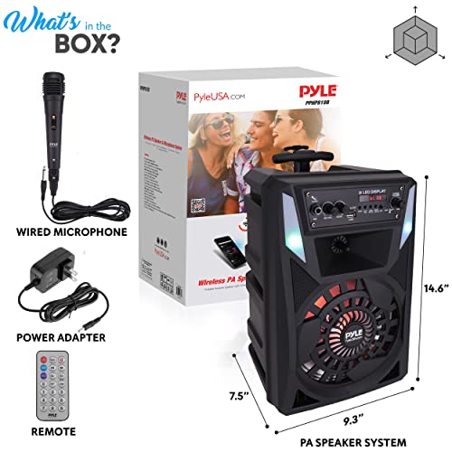 Pyle Portable Bluetooth PA Speaker - 300 W 8” Rechargeable Outdoor BT Karaoke Audio System - Multi-Color Party Lights, LED Display, FM/AUX/MP3/USB/SD, 6.5mm in - Wired Microphone, Remote Control - style: 300 watts