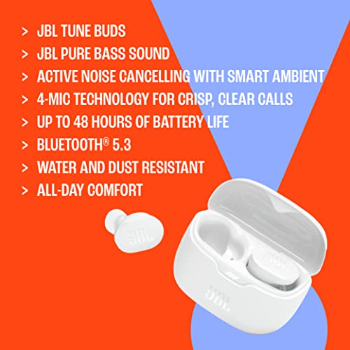 JBL Tune Buds - Noise Cancelling Earbuds - White | JBL Pure Bass Sound, Bluetooth 53 with LE audio support, Active Noise Cancelling with Smart Ambient - color: White