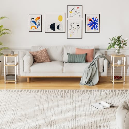 Bamboo End Table with Charging Station, Side Table for Small Space, Small Table Stand, Narrow Wooden Bedside Table Nightstand with Shelves, for Nursery, Living Room, Bedroom, Natural and White - color: Natural and White