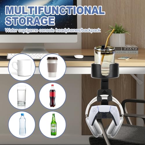 Desk Controller Holder with Headphone Hanger, 360° Rotating 3 in 1 Desk Anti-Spill Cup Holder with Headset Stand, Aluminum and Plastic
