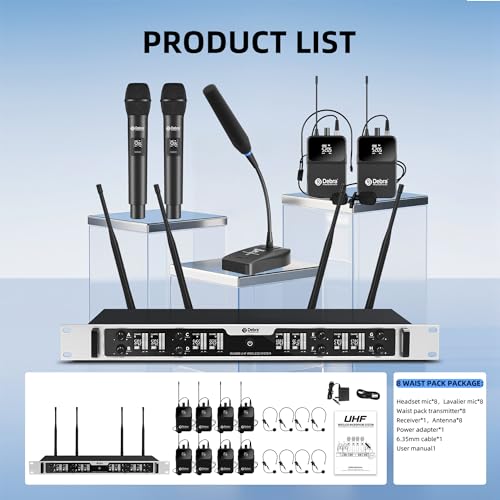 Debra Pro 8-Channel UHF Wireless Microphone System – Auto Pairing, LED Display, 260ft Long Range, Includes Headset & Lavalier Mics for Conference, Church, DJ, Karaoke(8 Bodypack) - color: 8 Bodypack
