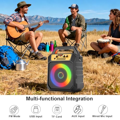 JM Portable Karaoke Machine 2-Way Coaxial Driver Speaker with 2 Mics-Black | Portable,Rechargeable,Bluetooth,TF/SD/USB,AUX,FM,4000mAh,5 Light Modes - color: Black