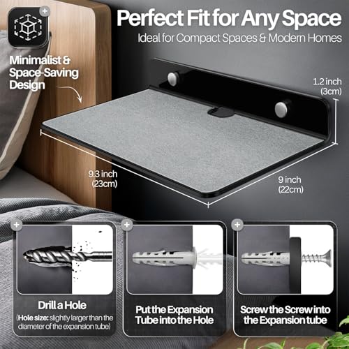 TNP Small Floating Speaker Shelf Wall Mount, Acrylic, 9 Inch, 2 Pack, Black | For Cameras, Phones and Wi-Fi Routers with An Anti-Slip Pad and Built-In Cable Management - color: Black, size: 9.3 x 4 x 1.2 Inches