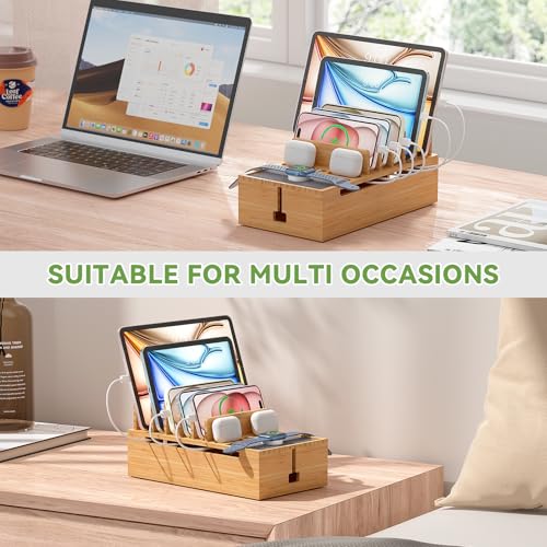 Pezin & Hulin Bamboo Charging Stand Rack, No Power Adapter Supply -Natural | Wooden Charge Box for Mobile Phones, Tablets, Smart Watch and Earbuds, Wire Cable Organizer Box, Bedside Dock Stand Holder - color: Natural (No Charger)