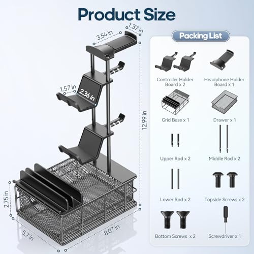 KDD Headphone Stand with Drawer - Headset & Controller Holder for Desk - Aluminum Supporting Bar Earphone Stand with Cable Organizer - Universal Gaming PC Accessories Storage