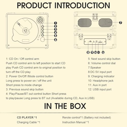 RetroAudio CD Player with Speakers Retro Portable CD Players for Home Music Player with Remote Control,V5.4 Bluetooth in&Out Desktop Suitcase CD Player with AUX in, Headphone Jack,USB Playback,Black - color: Black