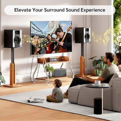 Solid Wood Speaker Stands Pair for Studio Monitor and Bookshelf Speakers | Height Adjustable Floor Speaker Stands for Klipsch, ELAC, JBL, KEF, Edifier Surround Sound Hold Up to 50 Lbs (Walnut)