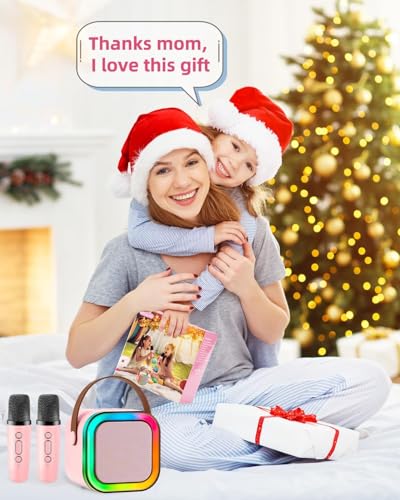 Mini Karaoke Machine, Portable Bluetooth Karaoke Speaker with 2 Wireless Microphones and Light for Family Home Party,Toys for Girls Boys Friends Age 3-12+ Kids and Adults Birthday Gifts. (Beige) - color: white