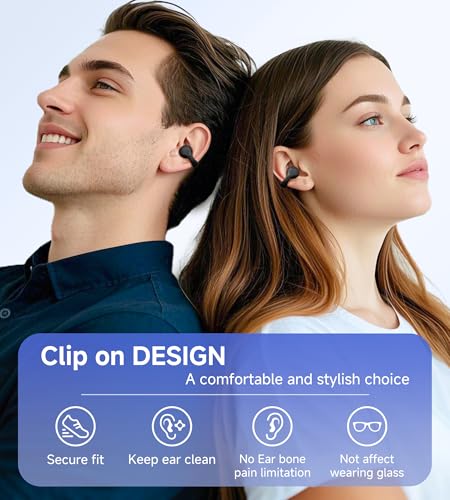 King Lucky i21 Open Ear Clip On Earbuds Wireless Bluetooth Ear Clip Headphones with Mic,Noise Cancelling, Waterproof IPX4,for Small Ears,Perfect for Running,Sports,Glasses Wearers (Black) - color: Black