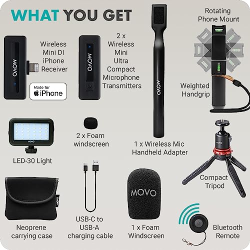 Movo iVlogger Wireless Vlogging Kit for iPhone with Dual Wireless Lavalier Microphone, Tripod, Phone Mount, LED Light, Wireless Remote, and WHX-HM Mic Handle - Wireless YouTube Starter Kit for iPhone