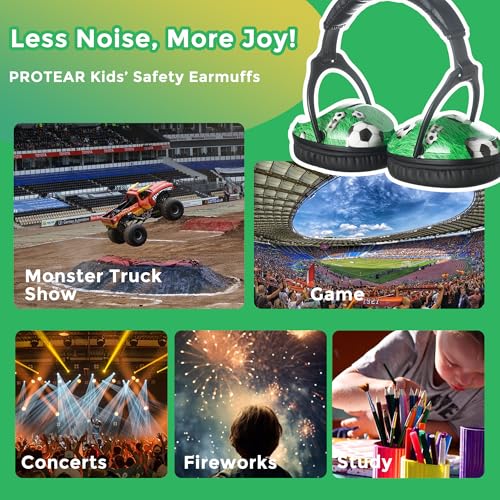 Kids Ear Protection Safety Ear Muffs, NRR 25dB Noise Reduction Children Earmuffs, Hearing Protectors for Sleeping, Studying, Airplane, Concerts, Fireworks-Soccer with Black Band - color: Black Band Soccer