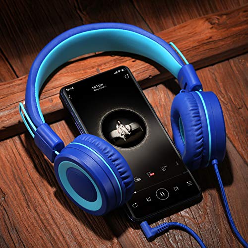 POWMEE P10 Kids Stereo Headphones with Microphone for Children Boys Girls,Adjustable 85dB/94dB Volume Control Foldable On-Ear Headphone for School/PC/Cellphone(Blue) - color: Blue