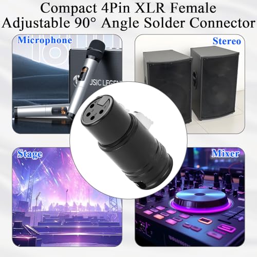 QIANRENON Compact 4Pin XLR Solder Microphone Adapter Adjustable 90° Angle 4Pin XLR Female Thin Cable Connector Gold Plated x-LR 4 Audio Socket, for DIY Repair 4 Pole X-LR, Included 0.9mm Spanner