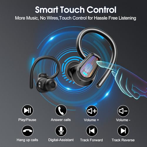 Wireless Earbuds, Bluetooth 5.4 Headphones Sport, Over Ear Buds with ENC Noise Canceling Mic, Deep Bass Stereo Ear Buds with Hook, 50H Playback, LED Display, IP7 Earphones for Workout Running, Black | 50H Playback, IP7 Waterproof Earphones for Workout Run