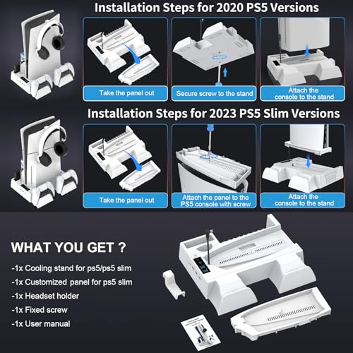 PS5 / PS5 Slim Cooling Station with Controller Charging Station, Cooling Stand for PlayStation 5 Console, PS 5 Dock Accessories Organizer with Storage Slot, PS 5 Cooler Fan, Headset Holder, 4 USB Hub