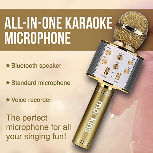 Mockins Gold Bluetooth Karaoke Microphone for Kids with Built in Bluetooth Microphone Wireless Speaker | Wireless Mic Karaoke Compatible with iPhone & Android | All-in-One Mic - color: Gold