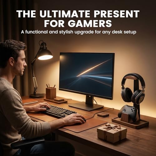 Headphone Stand with Gaming Controller Holder, Solid Walnut Wood Headset Holder Non-Slip Storage Tray Base Gaming Desk Accessories for Room Decor Gift For Gamers