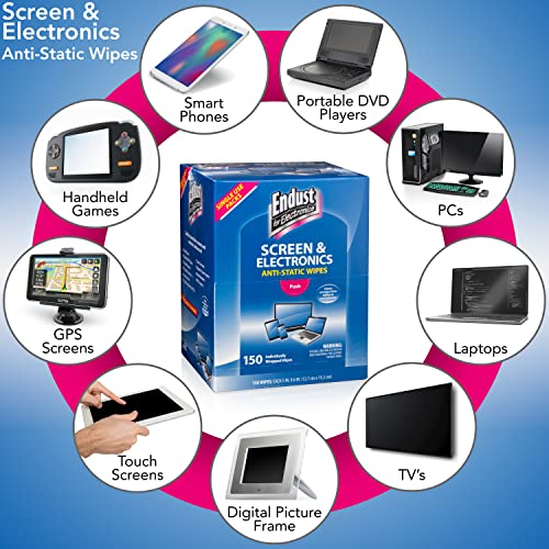 Endust for Electronics; Individually Wrapped, Portable, Anti-Static, Screen & Electronics Cleaning Wipes; 150 Count (14316) - size: 150 Count (Pack of 1)