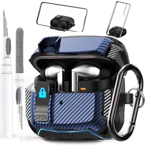 Galaxy Buds 3 Pro/3/3 FE Case Cover with Phone Stand&Lock Clip, Shockproof Galaxy Buds 3 FE/3/3 Pro Protective Hard Cover Shell with Carabiner&Cleaner kit for Men Women, Carbon Black/Blue - color: A-CFBlack/Blue