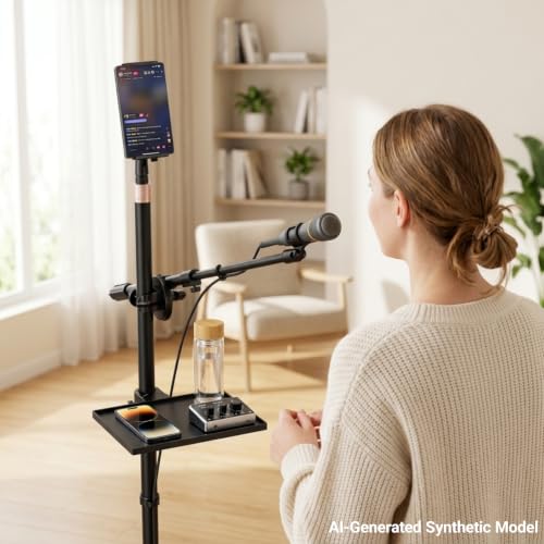 Boom Mic Stand Floor for Singing, Podcast, Studio, Live Streaming | Include Tray and Tablet Hoder, 2.9LBS Round Base, Adjutable Height 16"–63", Compatible with Yeti, SM58, QuadCast, K669B, Q2U