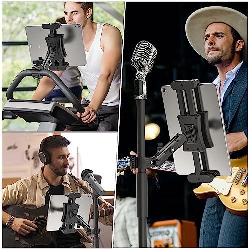 iPad Mic Stand Mount, 360 Rotation Tablet Holder for Microphone Music Stand with 5.9 Inch Metal Arm, Super C Clamp for 0.6-1.5" Diameter Rods, Compatible with All 4.7-13.5" Tablets & Smartphones