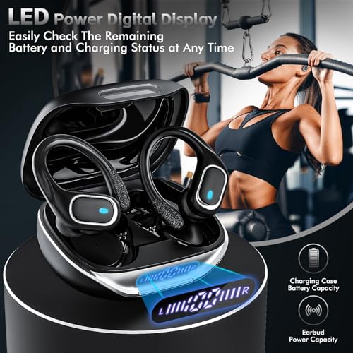 HAOYUYAN Wireless Earbuds Bluetooth 5.3 Headphones with 80H Playback, IPX7 Waterproof Over Ear Buds with LED Power Display for Sports Running Workouts Gray Black - color: Gray Black