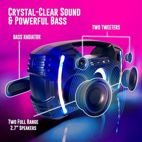Powerful & Portable Waterproof All Terrain Bluetooth Speaker with Deep Bass, LED Party Lights, Fast USB-C Charging, FM Radio, AUX – QFX BT-ZX35 | Powerful 2.7" Full-Range Drivers, Deep Bass, Fast USB-C Charging, FM Radio, LED Party Lights, AUX/USB/TF Card